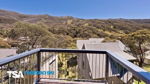 A modern building with a metal staircase and a view of a hilly landscape with trees. - Sneznik - Central Villaage (Central Village)