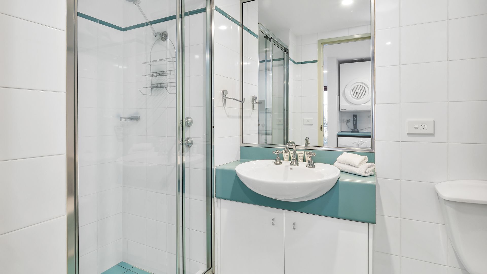 Shower, hair dryer, towels