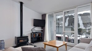 A modern living room with a flat-screen TV, a wood-burning stove, and a large sliding glass door leading to an outdoor area.