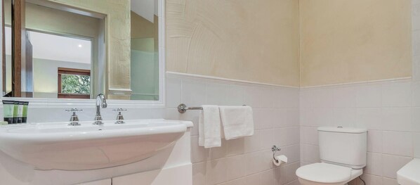 Un baño con lavamanos, inodoro y espejo.