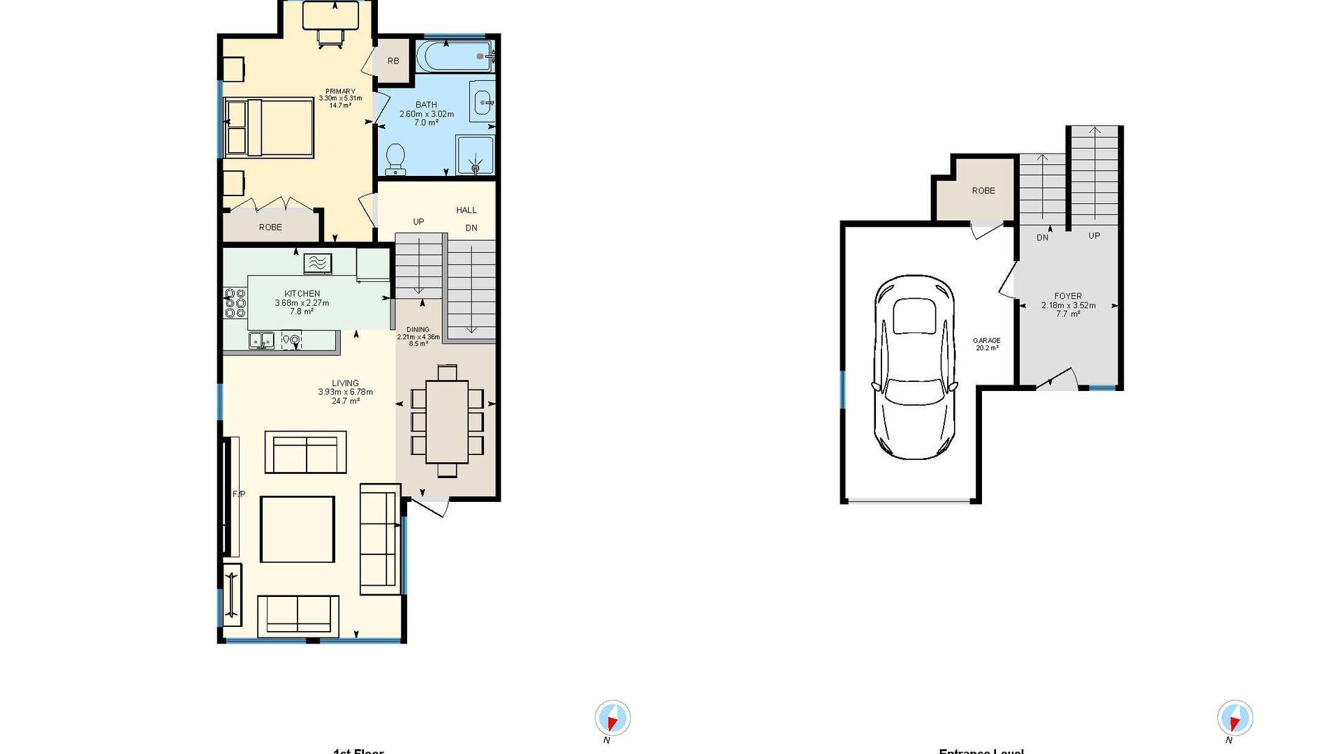 A 1st floor plan with a living room, dining area, kitchen, bathroom, and a separate bedroom labeled 'Robe'.