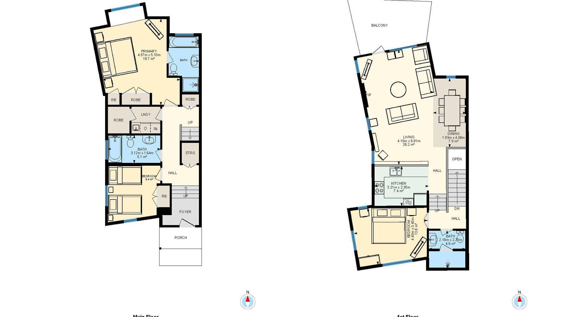 Un plan d’étage d’un hôtel comprenant une chambre principale, deux salles de bain, un salon, un coin repas, une cuisine, un balcon et un hall d’entrée.