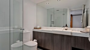 A modern bathroom with a glass shower enclosure, a white toilet, a vanity with a marble countertop, and a large mirror. - KoKo Nanook - Squatters 15 (Central Village)