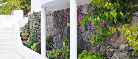 Un bâtiment blanc avec un mur en pierre et diverses plantes.