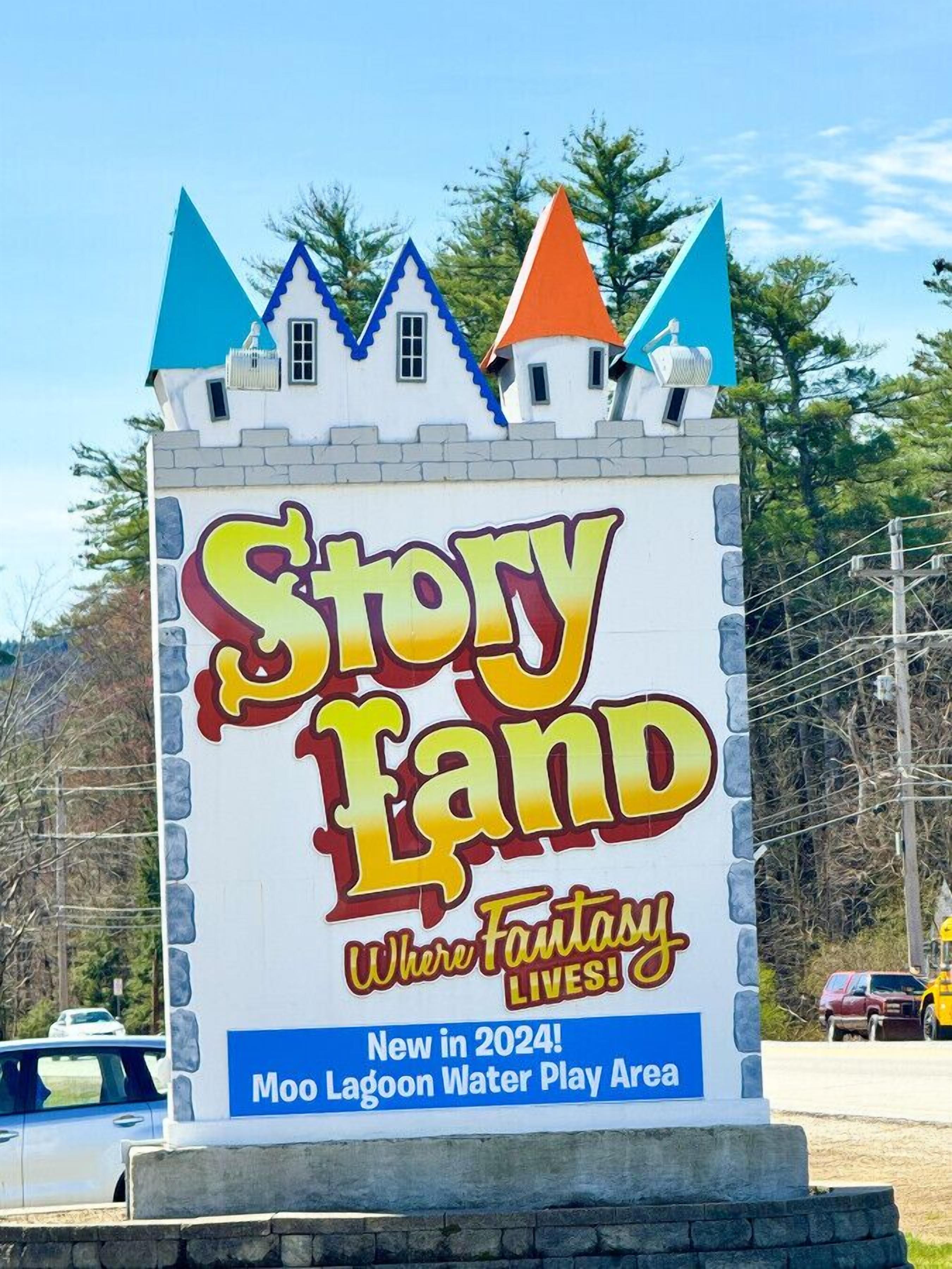 A sign for Story Land, a new water play area in Moo Lagoon, set to open in 2024.