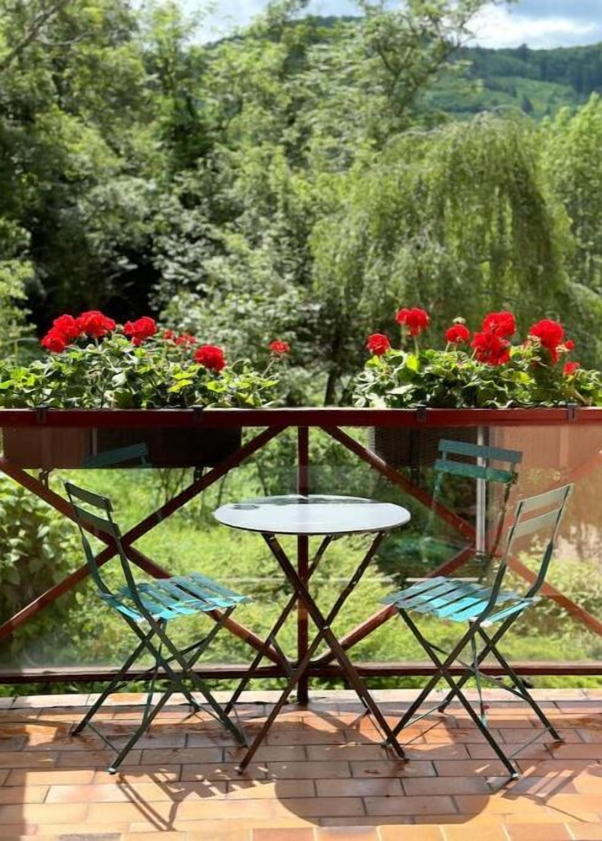 A patio with a round table and two chairs, surrounded by red flowers and greenery.