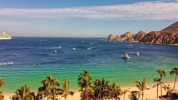 Paesaggio costiero con una nave da crociera, acque turchesi cristalline e una spiaggia sabbiosa con palme.