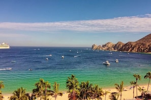Een kustgezicht met een cruiseschip, helder turquoise water en een zandstrand met palmbomen.