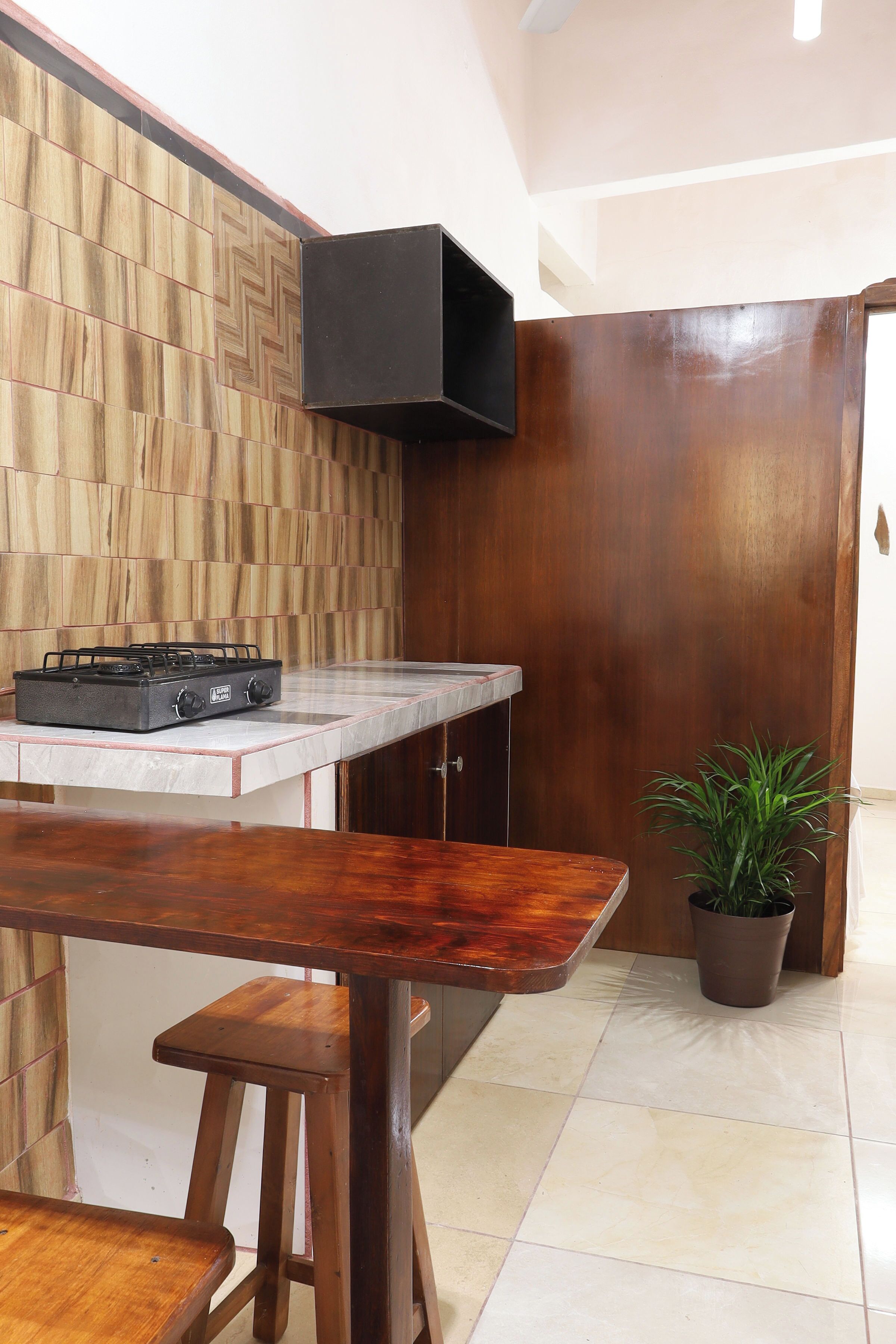 A kitchen with a wooden backsplash, a gas stove, a wooden countertop, and a potted plant.