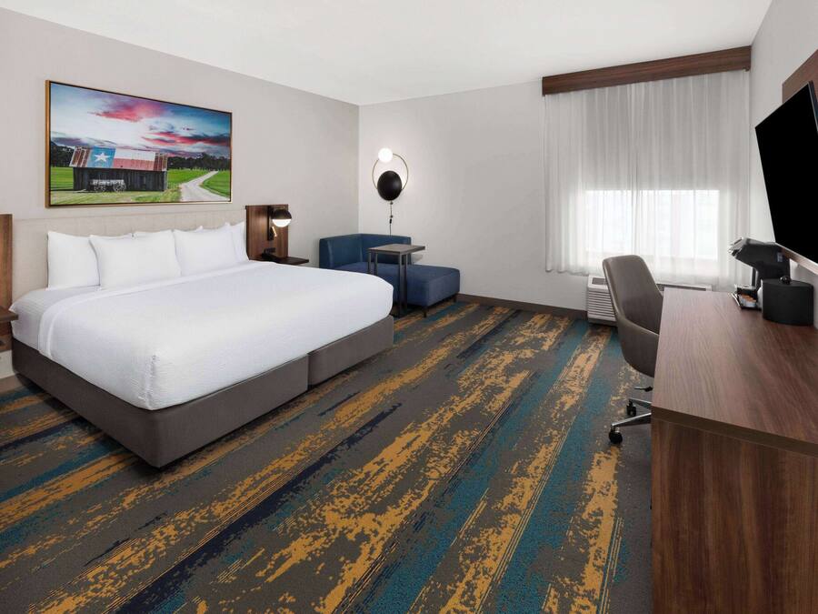 Una habitación de hotel con una cama grande, un escritorio, un televisor y un cuadro en la pared.