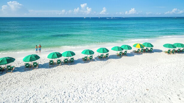 Ein Strand mit Reihen grüner Sonnenschirme und Liegestühle, die zum Meer blicken.