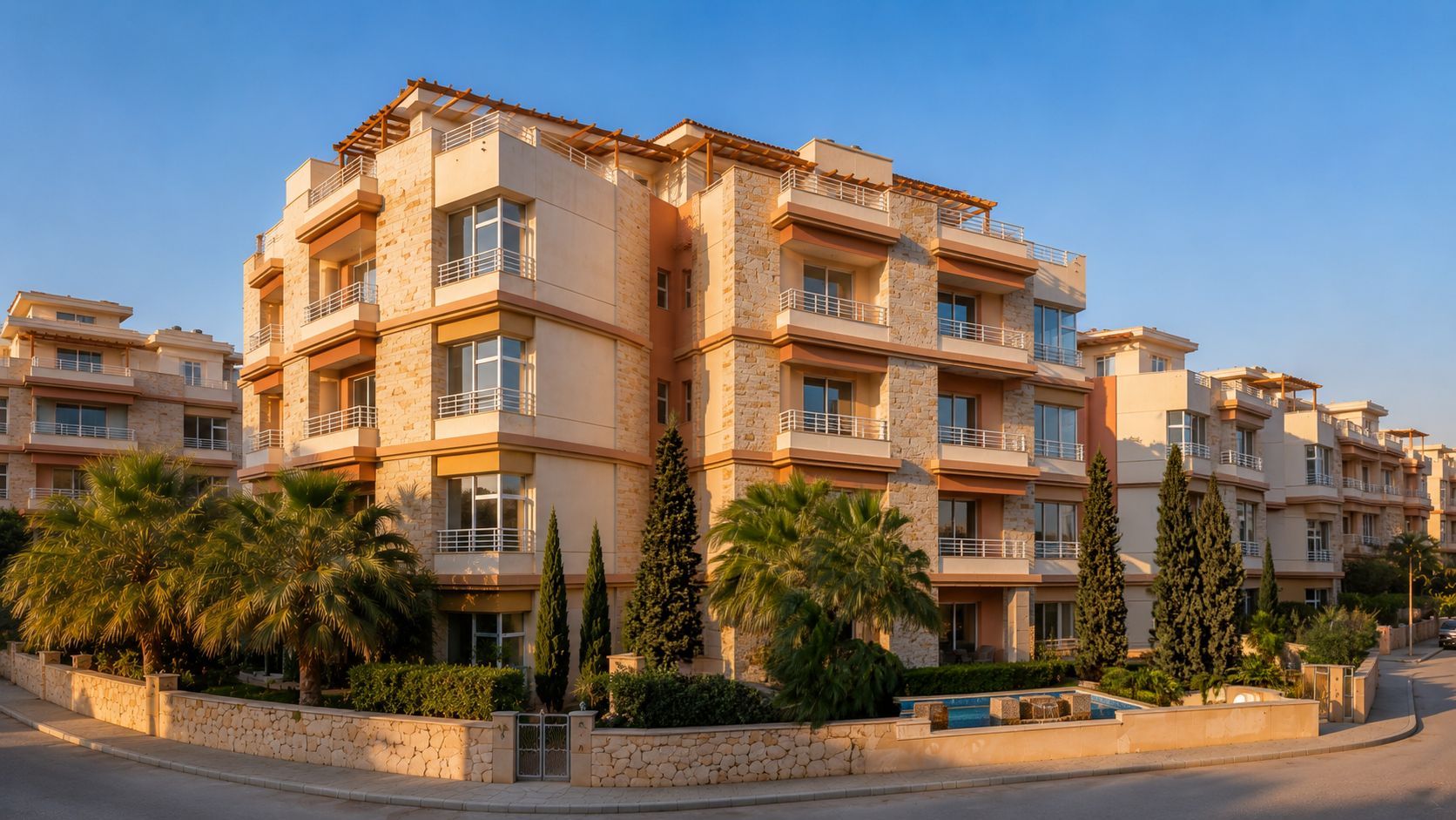 Un immeuble résidentiel à plusieurs étages, doté de balcons, d’une piscine et de palmiers.