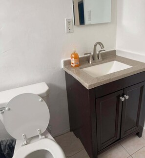 Hair dryer, towels, soap, toilet paper