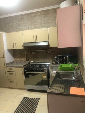 A compact kitchen with beige cabinets, a stainless steel stove, a sink with a green dish rack, and a patterned rug on the floor. - Spacious 3-bedroom apartment with AC, WiFi in fabulous Giza Governorate (Giza Governorate)