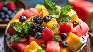 A bowl of mixed fruit salad with various berries, melon, and mint leaves. - Seaside Blue Inn (San Vicente)