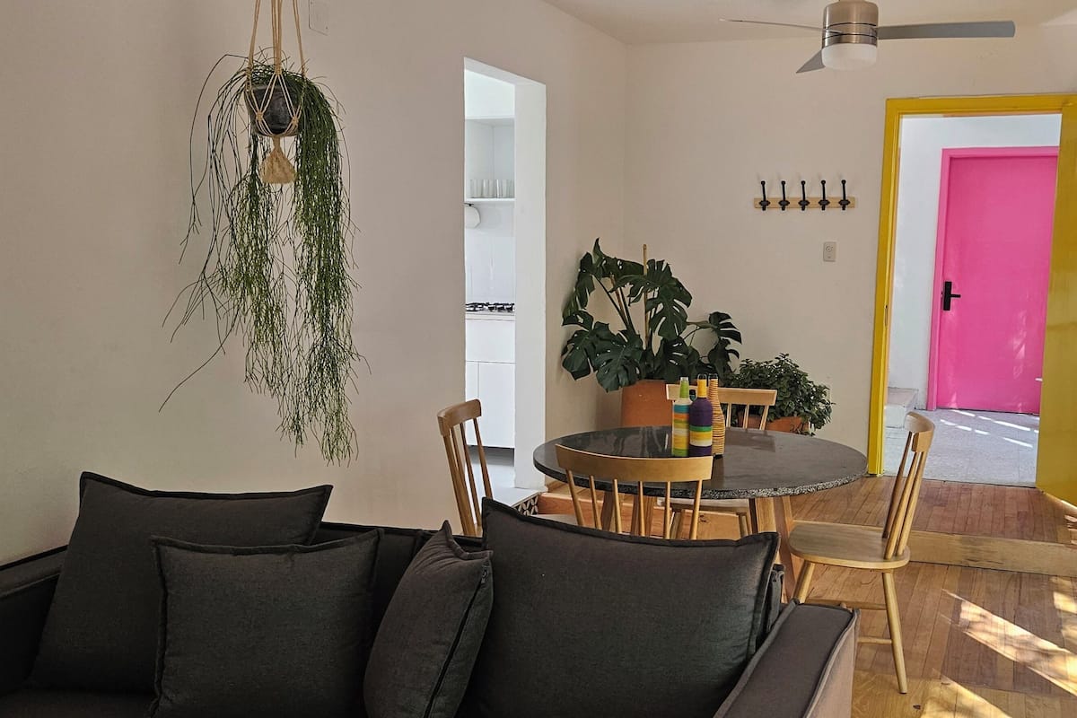 A modern living room with a sofa, a dining table, and chairs. There is a large plant, a ceiling fan, and a bright pink door.