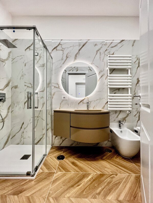 Shower, hair dryer, bidet, towels