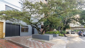 Une rue résidentielle avec un trottoir dallé, une allée bordée d’arbres et un immeuble doté d’un portail noir.
