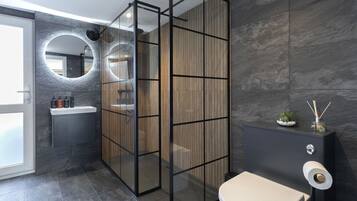 Shower, hair dryer, towels
