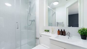 Shower, hair dryer, towels, soap