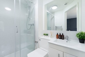 Shower, hair dryer, towels, soap