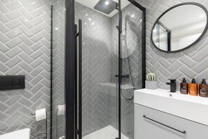 Shower, hair dryer, towels, soap