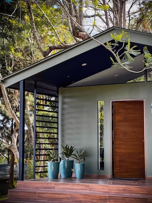 Una casa moderna con una porta in legno, un portico coperto con piante in vaso e vista sugli alberi.