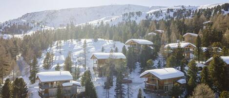 A cluster of wooden cabins on a snowy mountain slope, surrounded by trees.