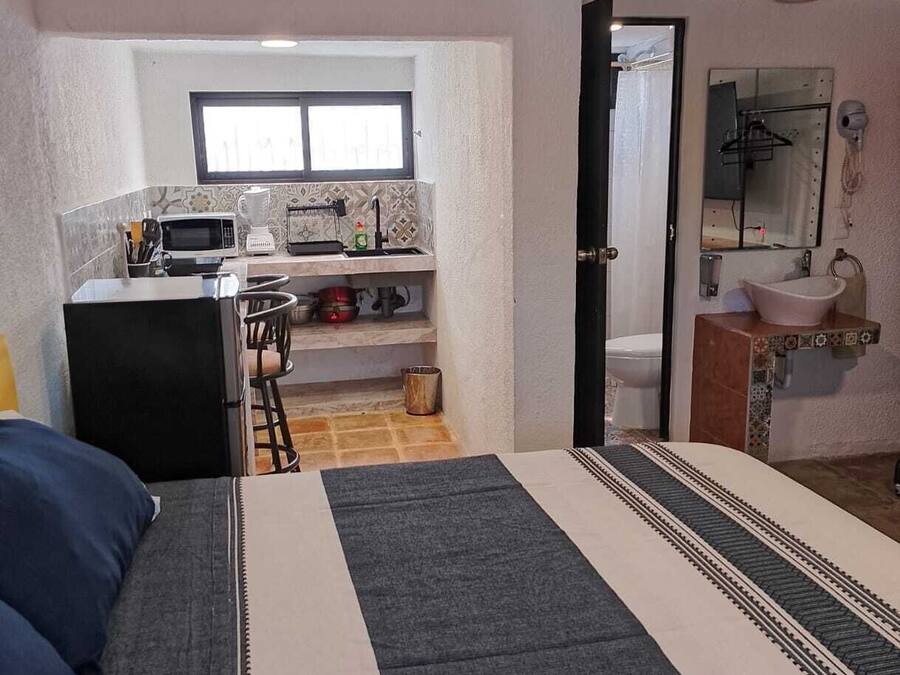 A compact bedroom with a bed, a small kitchenette, and a bathroom.