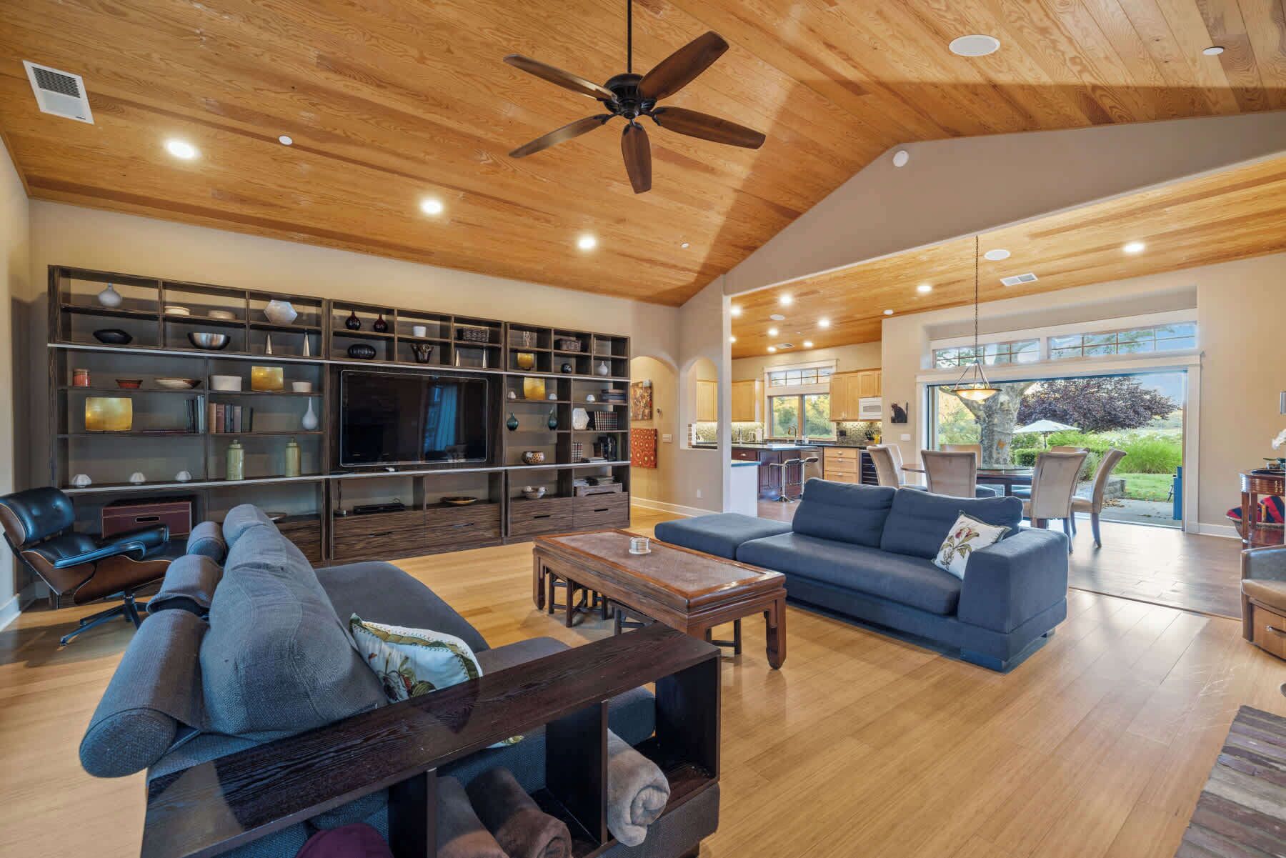 Televisión, chimenea y oficina 