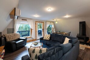 Smart TV, fireplace, books