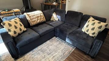 Smart TV, fireplace, books