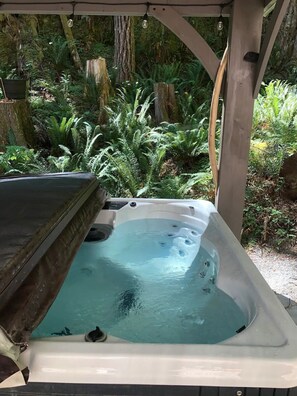 Un jacuzzi en un área exterior cubierta rodeado de vegetación exuberante.