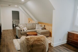 Smart TV, fireplace, books