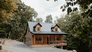 A wooden cabin with a metal roof, two dormer windows, and a porch.