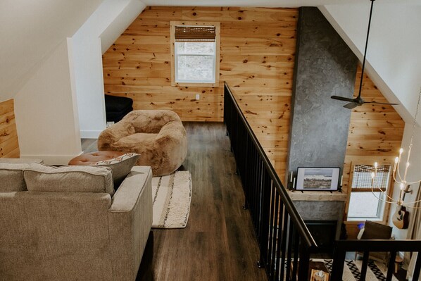 Smart TV, fireplace, books