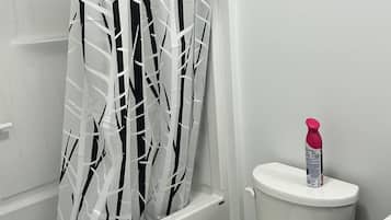 Hair dryer, towels, soap, shampoo