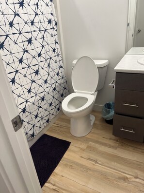 Shower, towels, soap, toilet paper