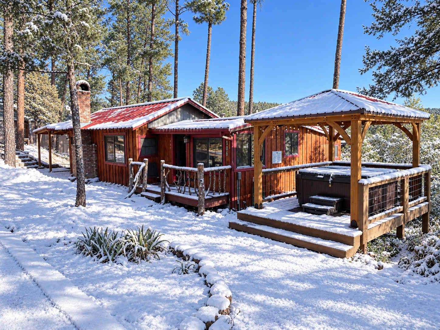 A cabin with a red roof, wooden exterior, and a covered porch area.
