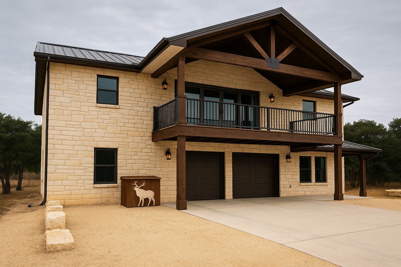 A two-story house with a stone facade, a balcony with a railing, and a deer sculpture.