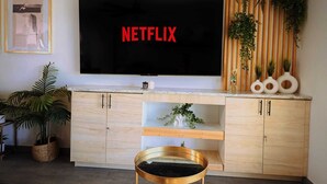 En moderne stue med et stort fladskærms-tv, der viser "NETFLIX", et træskab og et sofabord med glasplade, samt dekorative planter.