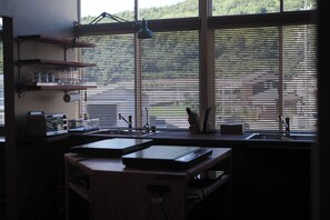 Fridge, stovetop, cookware/dishes/utensils
