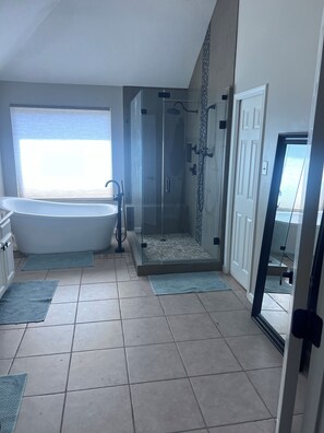 Hair dryer, bidet, towels, soap