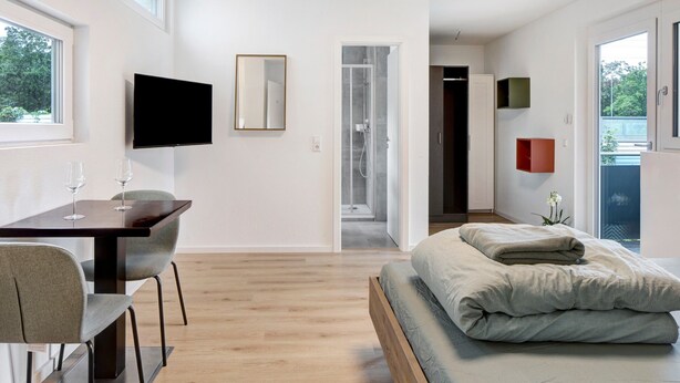 Une chambre moderne équipée d’un lit, d’un bureau avec des chaises, d’une télévision et d’une douche.