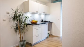Kühlschrank, Herdplatte, Wasserkocher mit Kaffee-/Teezubehör