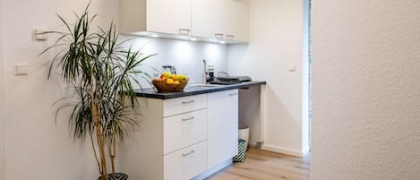 Fridge, stovetop, coffee/tea maker, electric kettle