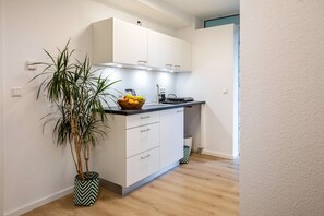 Eine moderne Küche mit weißen Schränken, einer schwarzen Arbeitsplatte und einem Blumentopf.