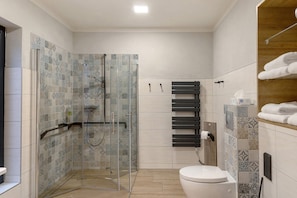 A modern bathroom with a shower, toilet, and towel rack. - Holiday Home 'Mond am See' with Lake View, Private Terrace and Wi-Fi (Stechow-Ferchesar)