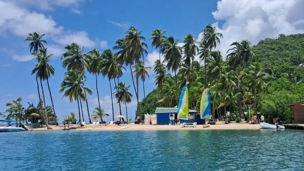 A beach with palm trees, a small building, and a sailboat. - Lovely Studio Apartment in Soufriere from Claviers (Soufriere)