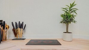 A kitchen counter with a black induction cooktop, a knife block, and a potted plant.